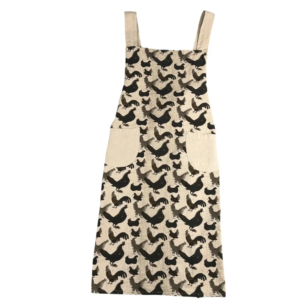 Creative Co-op Cotton Chicken Print Cross Back Pinafore Apron Beige Black